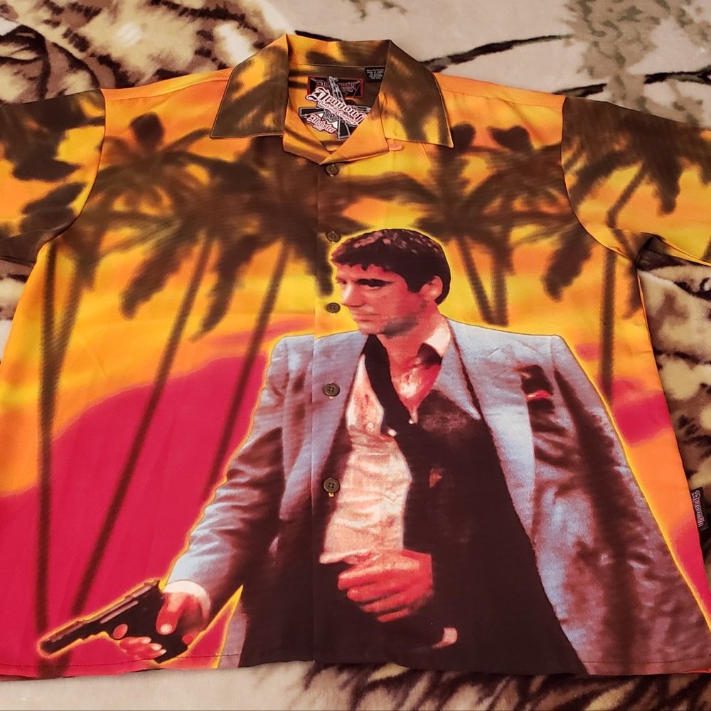 Scarface Vintage Dragonfly Button Shirt Tony Montana Men's XL NWT
